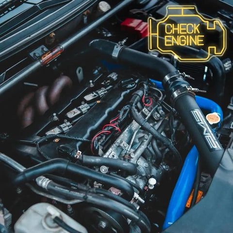 Car engine with highlighted check engine light warning symbol, showcasing vehicle maintenance needs.