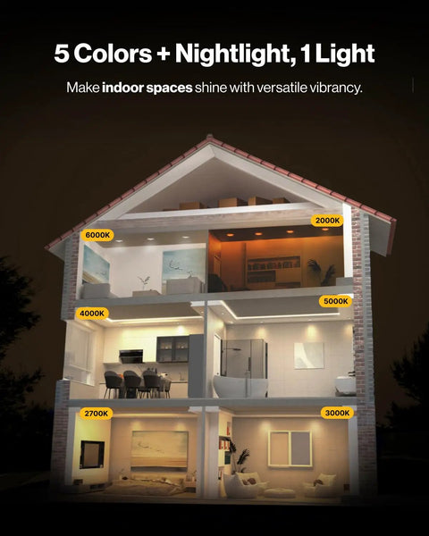 Image of a house displaying Absolute Upgrade 96 Pack 4 Inch Led Recessed Downlights Slim Baffle Retrofit Can Bulbs with color temps.