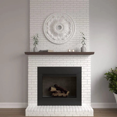 Flagstone Ceiling Medallion For Canopies 30 Inch Outer Diameter Inner Opening 3 7/8 Inches on white brick wall above fireplace