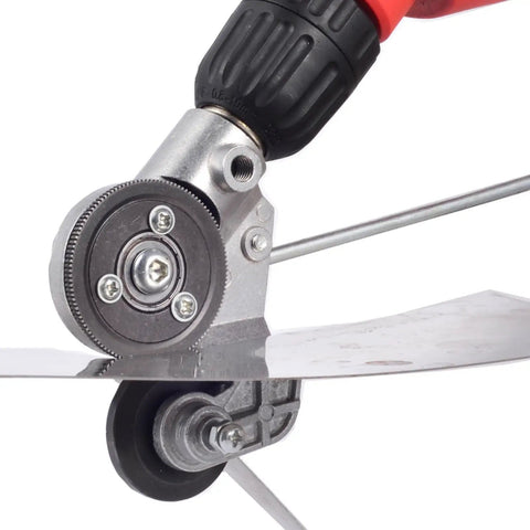 Upgraded Electric Drill Plate Cutter Metal Shear Attachment for Iron Steel Copper Aluminum Sheet Metal Trimming Tool close-up of rotating blade.