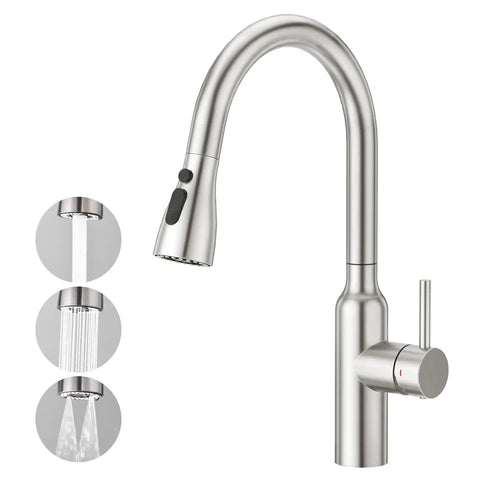 Brushed Nickel Kitchen Faucet With Pull Down Sprayer, Small High Arc, RV Ready, Stainless Steel Single Handle, 3 Function Nozzle