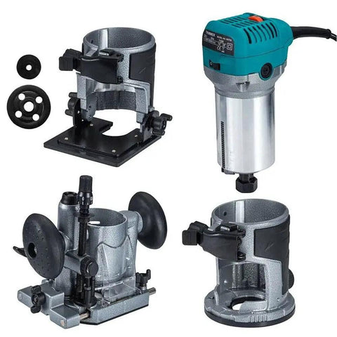Compact Wood Router Kit With Trim Base And Plunge Tilt 710W Power One Quarter Inch Shank Includes 15 Router Bits visible components