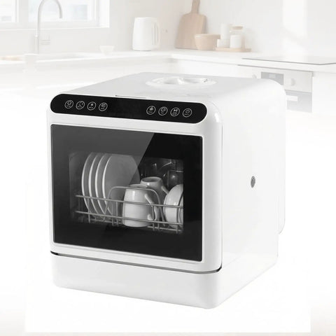 Compact Countertop Dishwasher Featuring A Built In Six Liter Water Reservoir And Swiveling Dual Spray Arms For Zero Hassle Plug And Play Setup Perfect For Tight Apartment Kitchens And Fast Air Drying with plates and cups visible.