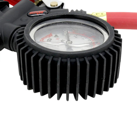 Close-up of Analog Pistol Grip Inflator With Pressure Gauge, 36 Inch Hose, rugged design, 0-230 PSI Liquid Gauge