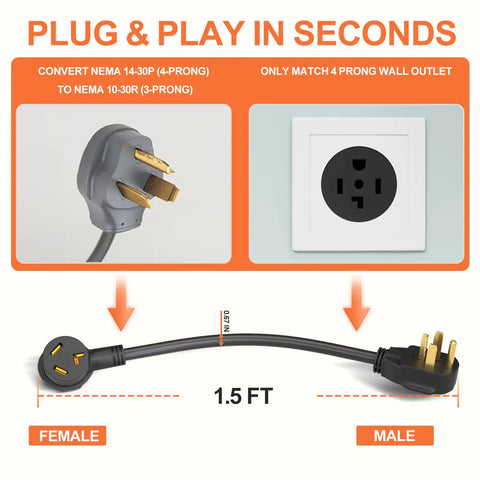 Three Prong To Four Prong Dryer Adapter Cord One And A Half Foot Flexible 30A 250V NEMA 14 30P To 10 30R Copper Wire Dryer Outlet Converter For Home Laundry Use No Fuss Plug In showing cord and wall outlet