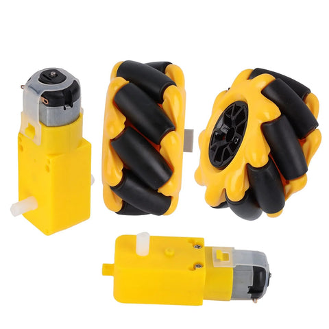 60mm Mecanum Wheel for TT Motor with rubber coating and yellow hub for DIY robot projects, showcasing omnidirectional movement design.