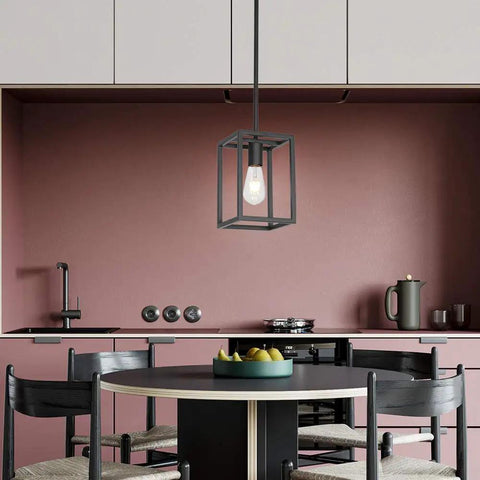 Industrial Black Metal Lantern Pendant Light 1 Light For Kitchen Island Dining Room Bar Cafe Adjustable Hanging Ceiling Fixture Dimmable Easy Install Slick Modern Vibe Sloped Ceiling Compatible over round table in modern kitchen