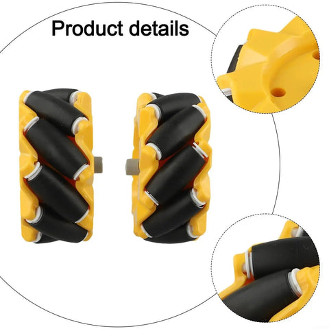 Level Up Your DIY Robotic Setup With This 2 Piece Mecanum Wheel Set For Intelligent Vehicles Delivering Quiet, Stable Grip On Any Surface And True Omnidirectional Movement For Smooth Flexible Navigation; yellow and black wheels, close-up.