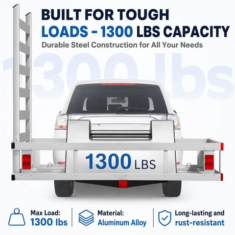 1300 LBS Folding Aluminum Hitch Cargo Carrier For Beefy Heavy Duty Hauling Weather Resistant And Rust Proof Aluminum Rack
