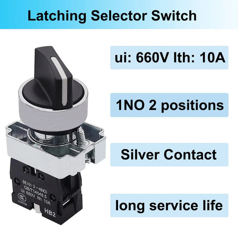 2 Pack 22mm 2 Position Maintained Selector Switch 1NO 10A 440V Latching Rotary Switch With Metal Head For Industrial Control Panels And Machine Control Push Button Style HB2 BD21, black knob and silver housing