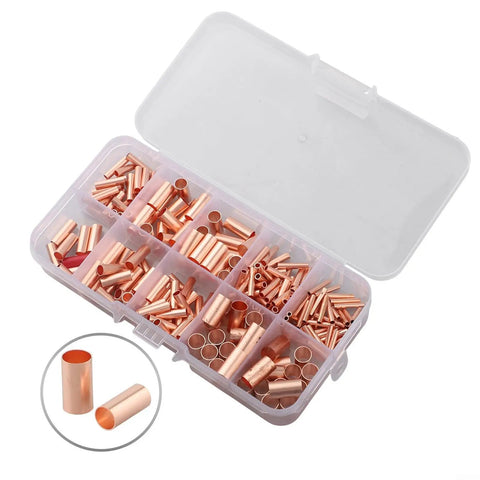 Dope 250Pcs Wire Ferrules Kit featuring 7 AWG Sizes From 6 To 18, Premium Red Copper Non Insulated Electrical Butt Terminals For Serious Auto Marine And Home Wiring Projects That Need Top Tier Connections. Clear case with red copper ferrules
