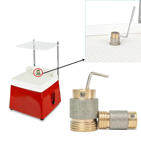 Diamond Grinder Bits Set One Inch And Five Eighth Inch Two Pack With Brass Core Automatic Water Feeding Stained Glass Grinding Heads Includes Hex Wrenches Pro Grade, shown close-up with hex wrench and grinding machine.