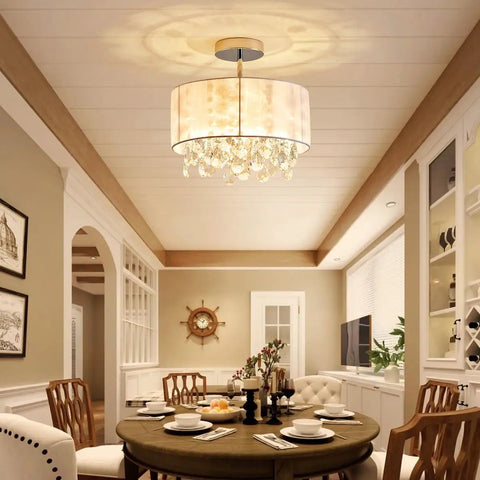 Dope Modern Crystal Chandelier Ceiling Light Fixture With White Fabric Shade And Chrome Finish, 13 Inch Diameter, Dining Room