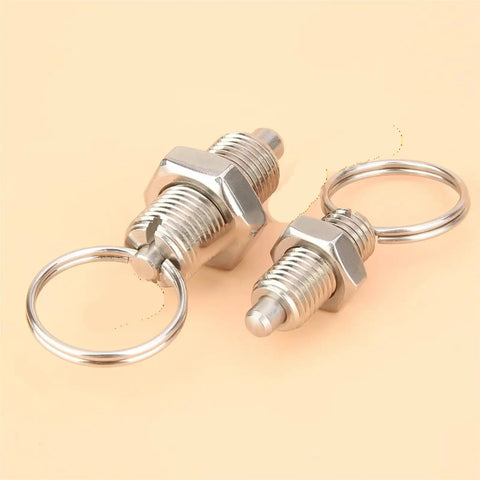 Built Tough Stainless Steel Retractable Index Plunger With Pull Ring And Locking Screw, showing two sizes for woodworking and CNC use.
