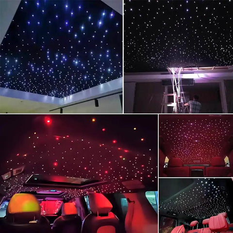 Home Fiber Optic Star Ceiling Kit With Twinkle And Music Effects setup in lounge and car interior showing starry sky effect.