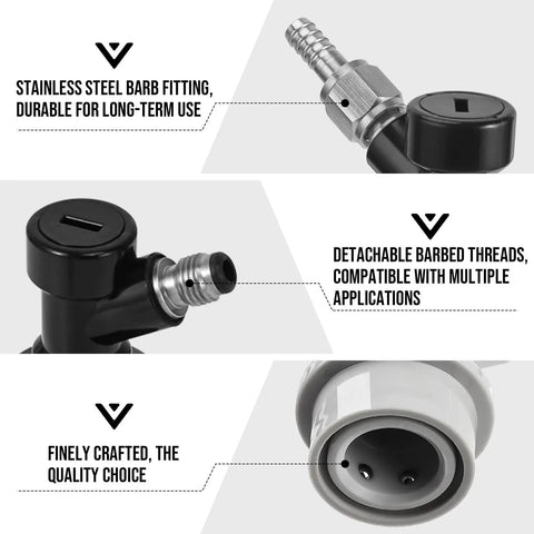 Five Pairs Ball Lock Keg Quick Disconnects For Homebrew Draft Systems With Five Sixteenth And One Fourth Barb Fittings And Leak Proof Silicone O Ring Seals, stainless barb fitting close-up