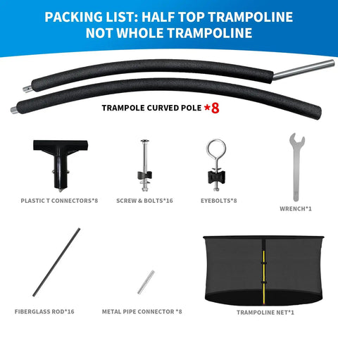 Legit 10 Foot Trampoline Replacement Kit includes eight curved poles, plastic connectors, screws, and a safety net.