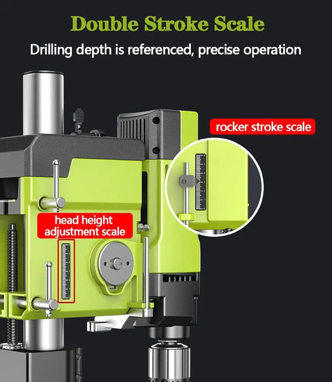 Detail view of 6 Speed Bench Drill Press With 13mm Stainless Steel Chuck showing double stroke scale and height adjustment for precise drilling.