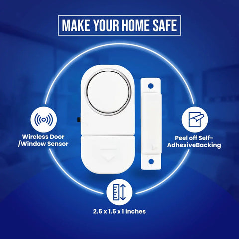 Piercing Alarm Home Security System 4 Pack Magnetic Sensor Easy To Install No Wires No Tools Required Protects Doors Windows Cabinets Gates And More Keeps Your Family Safe; wireless door and window sensor with peel off self-adhesive backing; dimensions 2.5 x 1.5 x 1 inches