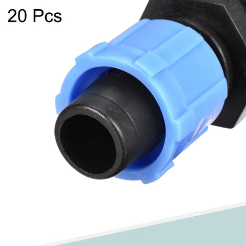 Close-up of Easy Fit Barbed Locking Fittings For 16mm Drip Tubing With G1/2 Male Thread PE Plastic Leak Free Quick Connect in blue.