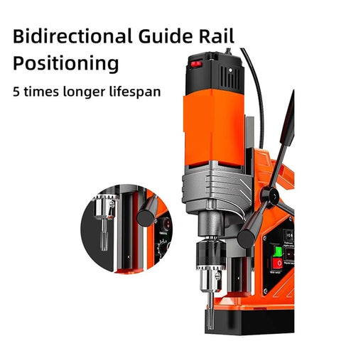 Beast Mode Heavy Duty Magnetic Drill Press for Metalwork and Construction, showing bidirectional guide rail for increased stability.