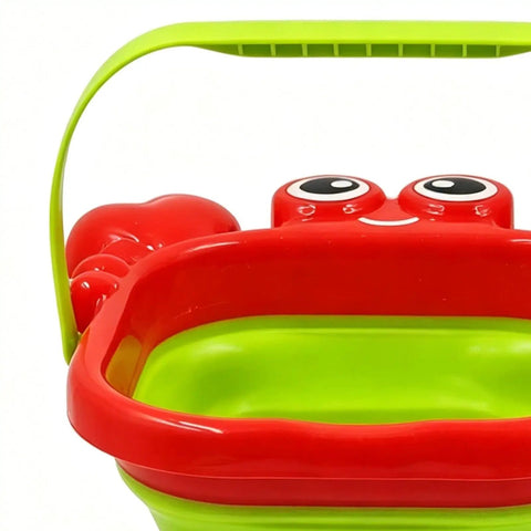 Epic Beach Toy Set For Kids With Folding Bucket And Construction Tools, red and green crab-shaped bucket detail