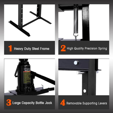 Close-up view showing parts of the Beefy 12 Ton Hydraulic Shop Press With Floor Mount H Frame Adjustable Table Height And Press Plates.