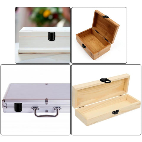 4 Pack Zinc Alloy Toggle Hasp Lock For Jewelry Boxes And Small Wooden Cases Dope Durable Latch With Screws 0.98in By 0.79in Black Metal Hardware shown on various boxes