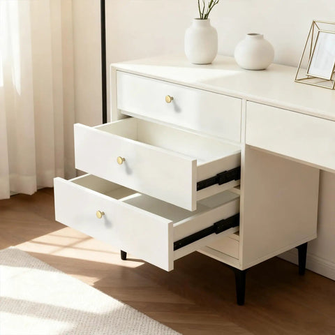 White dresser with open drawers featuring 10 Pack Gold Cabinet Knobs For Dresser Drawers And Kitchen Cabinets Brushed Brass Modern Round Zinc Alloy Hardware Handles With Two Standard Screws For Easy Install.
