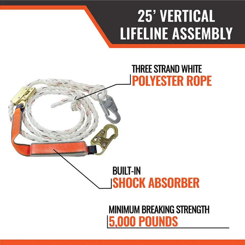 25 ft Vertical Lifeline Assembly for Fall Protection Lanyard and Fall Arrest System with Shock Absorber, white polyester rope