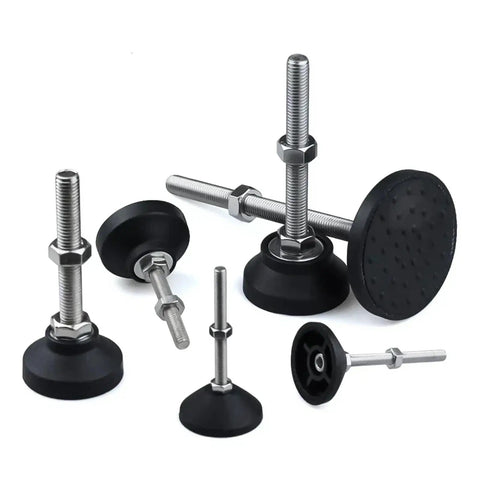 Set of Adjustable Lathe Leg Set With 50mm Dia Threaded Beefy Leveling Feet Swivel Base, various angles and sizes, steel construction.