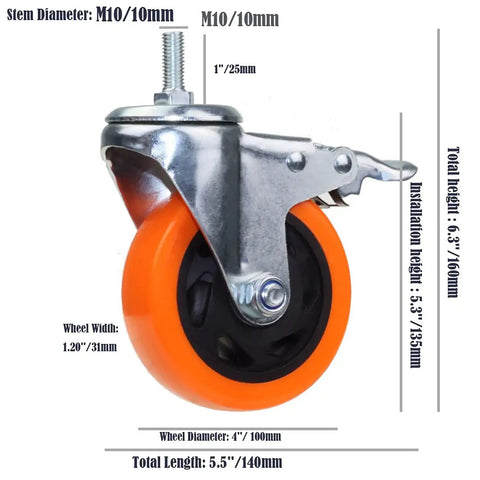 Heavy Duty Four Inch Orange Stem Caster Wheels M10 Thread Dual Locking Swivel showcasing dimensions and construction details.