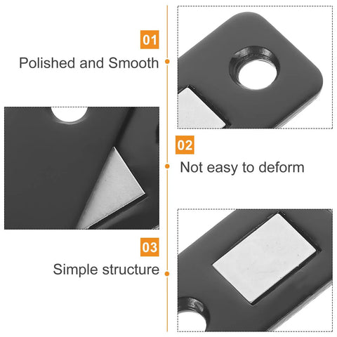 Close-up of Ultra Slim Magnetic Cabinet Door Catch Set 12 Piece Stainless Steel with polished black finish and smooth edges.