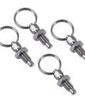 Four Pack Top Shelf Stainless Steel Spring Loaded Indexing Plungers With Quick Release Pull Knobs Heavy Duty Lockout Hardware set of four stainless steel plungers with pull knobs.