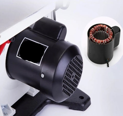 Super Snazzy Eight Inch Multifunctional Desktop Saw With Dial In Angles For Sculpting Wood And Aluminum Beasty Jigsaw And Bandsaw Combo motor close-up with copper wiring visible.