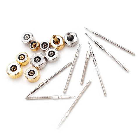 Stainless Steel Watch Repair Kit With Spring Bar Pins Crown Remover And Link Tool Set showing assorted crowns and pins