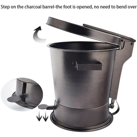 Heavy Gauge Charcoal Extinguishing Canister with foot pedal for hands-free operation, designed to smother grill fires instantly.