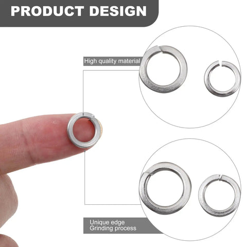 Close-up of a stainless steel spring washer from 600 Piece Stainless Steel Spring Washer And Spacer Kit Silver Finish Prevents Loosening In Vibration And Alternating Load Applications Heavy Duty Lock Washer Set For Industrial Use Durable And Affordable on fingertip showing unique edge and grinding process