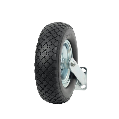 12 Inch Flat Free Foam Filled Rubber Swivel Caster with wide knobby tread and steel mount, ideal for rough terrain use.