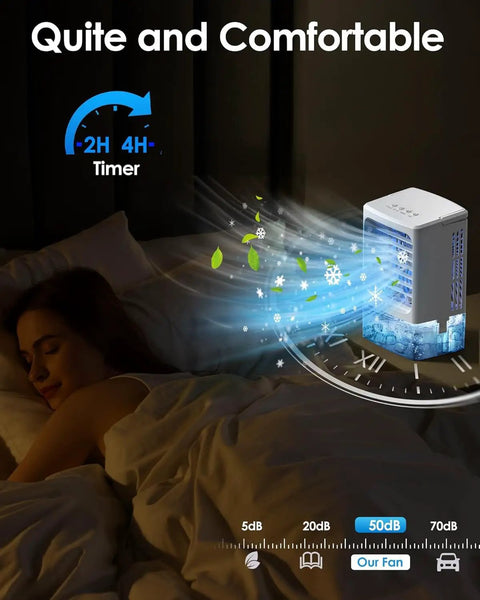 4 In 1 Portable Air Conditioner Unit with Humidifier and LED Night Light operating on bedside table at night.