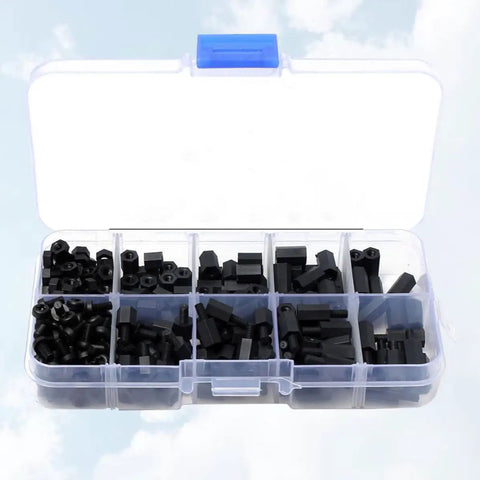 300-Piece Black Nylon Hex Spacer And Standoff Kit M3 Threaded Plastic Non-Conductive High Temperature Resistant Insulation Ready For DIY-Friendly Electronics Home Projects And Telecom Installations. open organizer with black nylon M3 hex spacers and standoffs