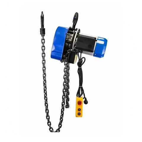 Portable Electric Chain Hoist For No Sweat Heavy Lifting And Construction Projects Featuring Sturdy Bearings, showing blue motor and black chain.