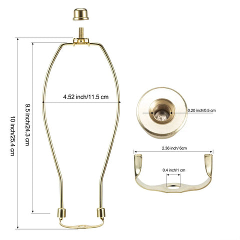Straight Fire Slick Polished Brass Lamp Harp 10 Inch Light Duty Replacement Hardware with detailed measurements and clips.