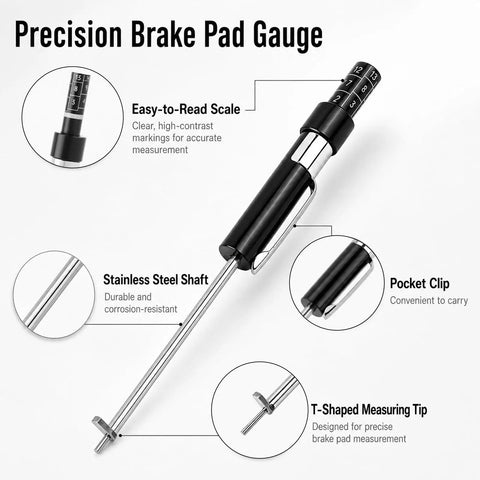 Heavy Duty Brake Pad Thickness Gauge With Slim Probe For Quick No Wheel Removal Checks Precise Millimeter Scale For Internal And External Pads, showing easy-to-read scale.