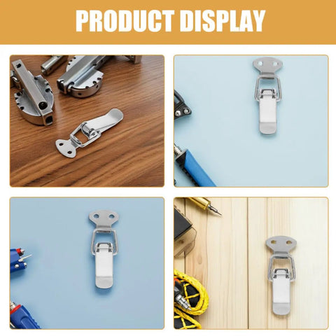 Upgrade Your Gear With 10 Stainless Steel Spring Hasps And Toggle Latches For Tool Boxes, Wooden Cases, Cabinets, And Lockers To Keep Stuff Secure And Easy To Open - Product display showcasing spring hasps on various surfaces.