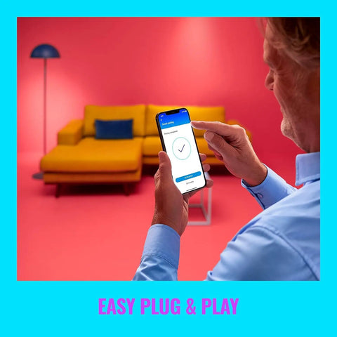 Person using smartphone app to control Smart RGB LED Light Strip 13 Foot Color Changing WiFi LED Strip With App Control and Voice Control.
