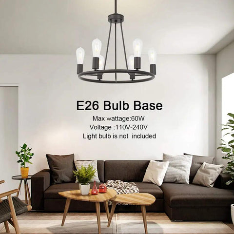 Living room with Rustic Farmhouse Round Pendant Lighting 6-Light Chandelier In Oil-Rubbed Bronze above a modern sofa set.