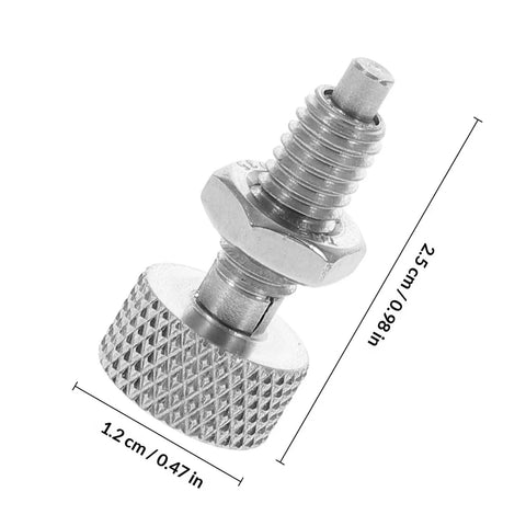Heavy Duty Stainless Steel Spring Plunger Pins 2 Pack With Knurled Non Slip Grip Easy Install, dimensions shown, close-up view.