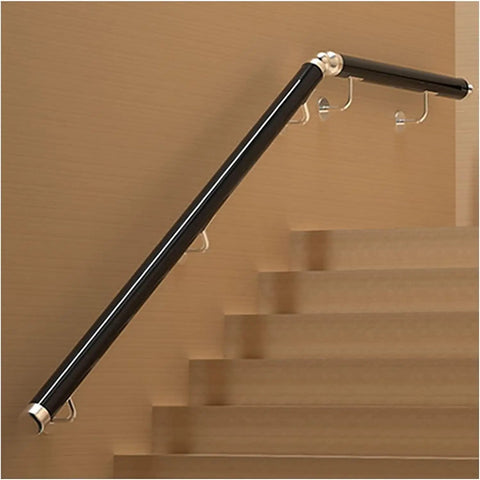 Solid As A Rock Black PVC Railing Kit with Non Slip Banister mounted on stairs, providing secure handrails for safety.