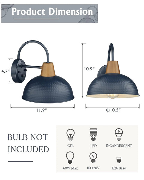 Dimensions of Blue Dusk To Dawn Outdoor Gooseneck Wall Lights 2 Pack with Hammered Metal Shade, Porch and Yard Pathway Sconces